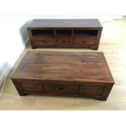 Massief houten tv meubel + salontafel