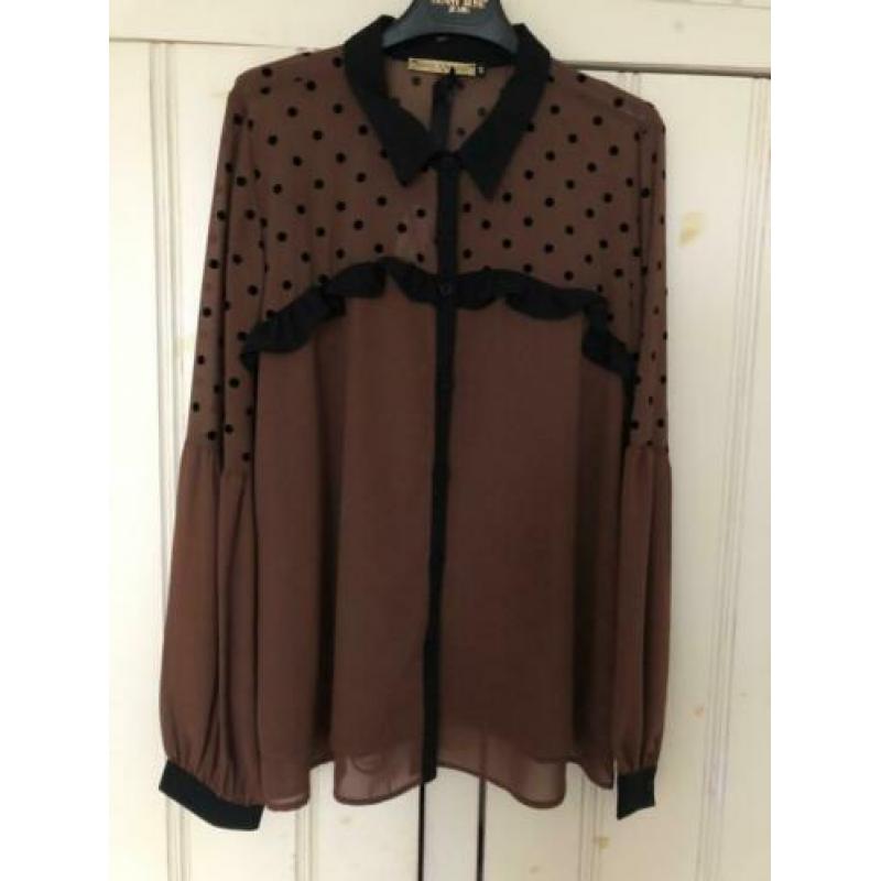 DENNY ROSE blouse bruin met bolletjes mt 34, 36 en 42