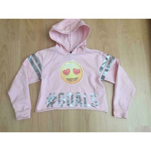 Roze kort hoodie trui met omkeerbare Smiley pailletten 146