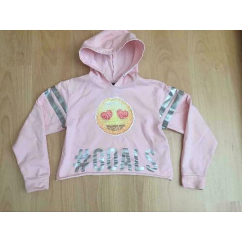 Roze kort hoodie trui met omkeerbare Smiley pailletten 146
