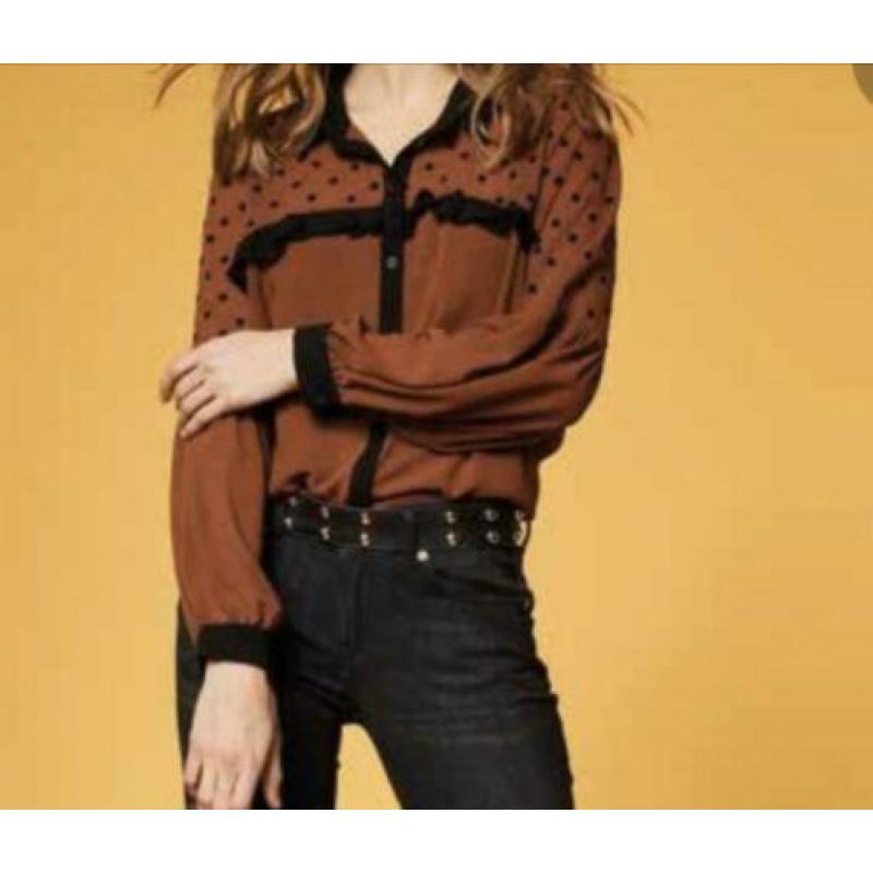 DENNY ROSE blouse bruin met bolletjes mt 34, 36 en 42