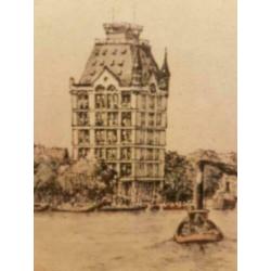 Ingekleurde litho witte huis Rotterdam Gerard van Berkel.