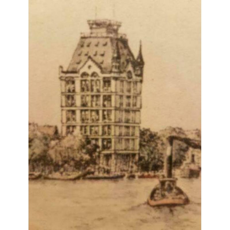 Ingekleurde litho witte huis Rotterdam Gerard van Berkel.