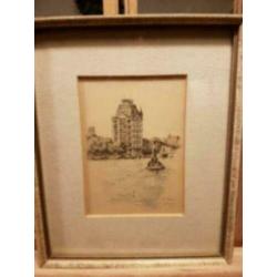 Ingekleurde litho witte huis Rotterdam Gerard van Berkel.