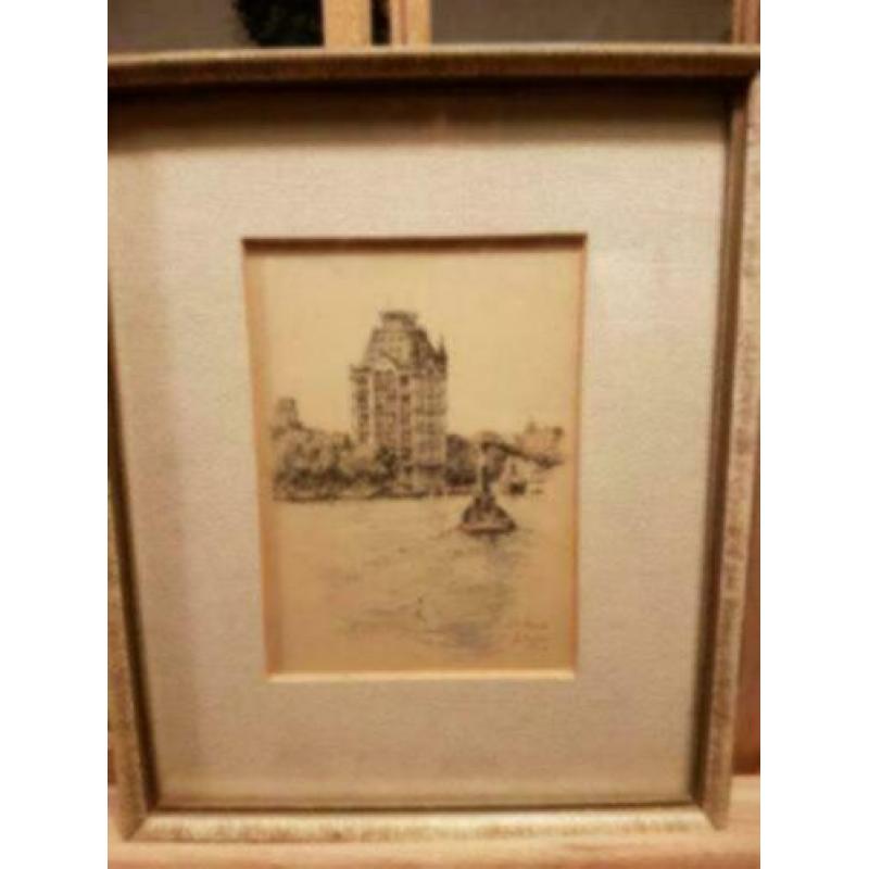 Ingekleurde litho witte huis Rotterdam Gerard van Berkel.