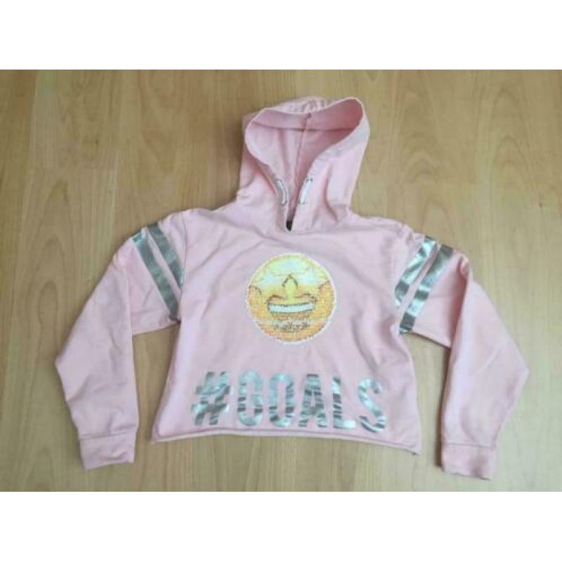 Roze kort hoodie trui met omkeerbare Smiley pailletten 146