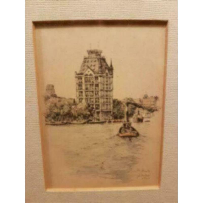 Ingekleurde litho witte huis Rotterdam Gerard van Berkel.
