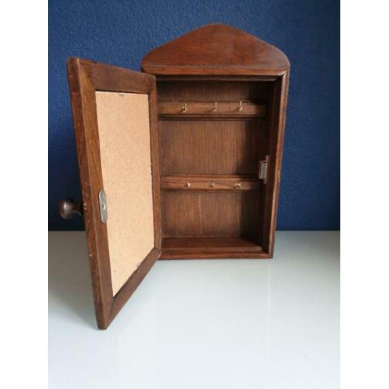 Vintage sleutelkastje eiken hout met spiegel