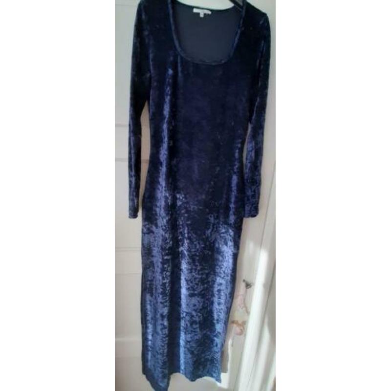 Blue velvet dress, blauwe lange avondjurk M