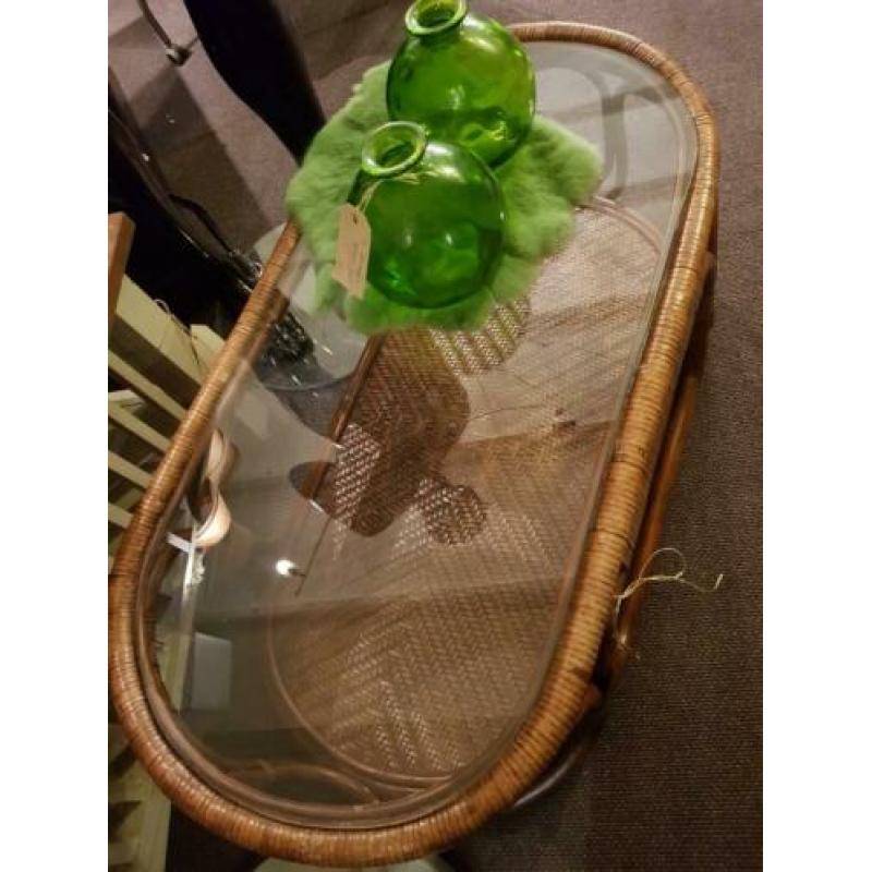 Jaren 60 salontafel bamboe met echt leer omwikkeld