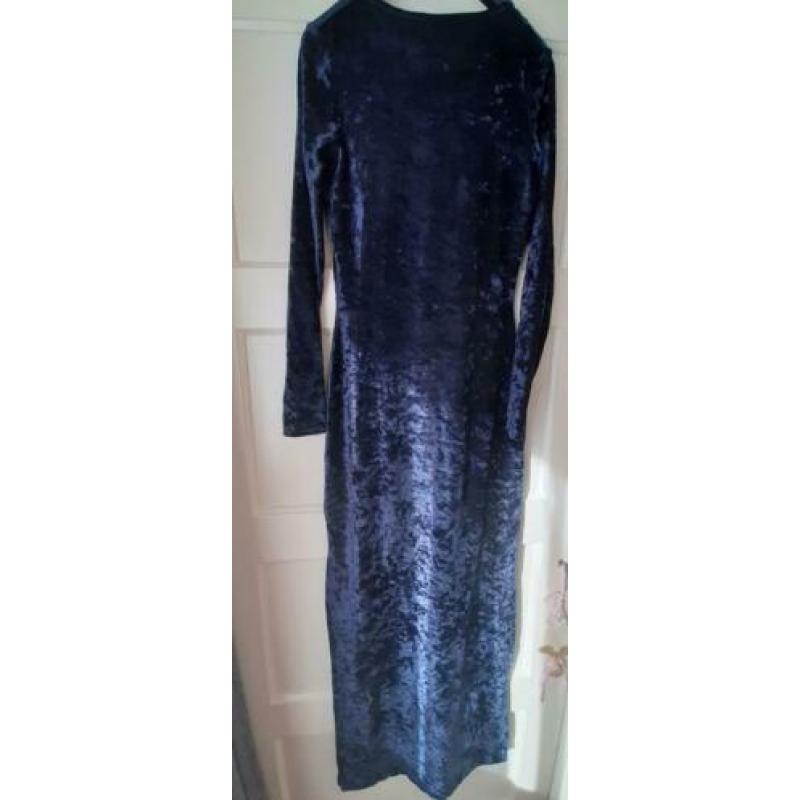 Blue velvet dress, blauwe lange avondjurk M