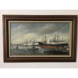 ßchilderij met een havengezicht van H.C. Kranenburg