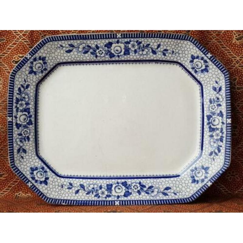 Grote antieke Engelse schaal van blauw wit porselein 45 cm.