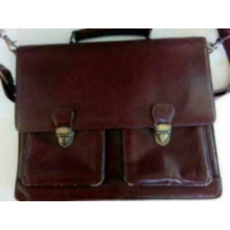 Mooie vintage leren leer tas schoudertas bruin 35x30x6