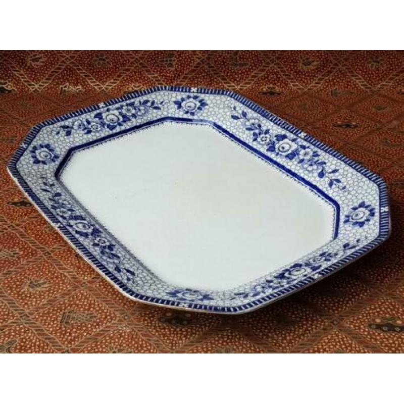 Grote antieke Engelse schaal van blauw wit porselein 45 cm.