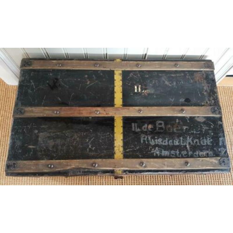 Oude kist/hutkoffer/koffer, metaal, zwart