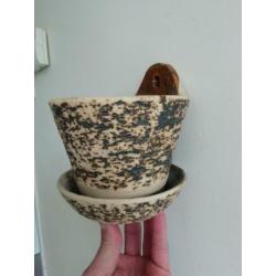 Mooie vintage berkenbast /chamotte hangpot in nette conditie