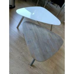 Xoon salontafels driehoek wit glas hout greywash staal
