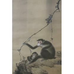 Handgeschilderd "2 Monkeys/Apen & Waterval" by ?? Seiho.