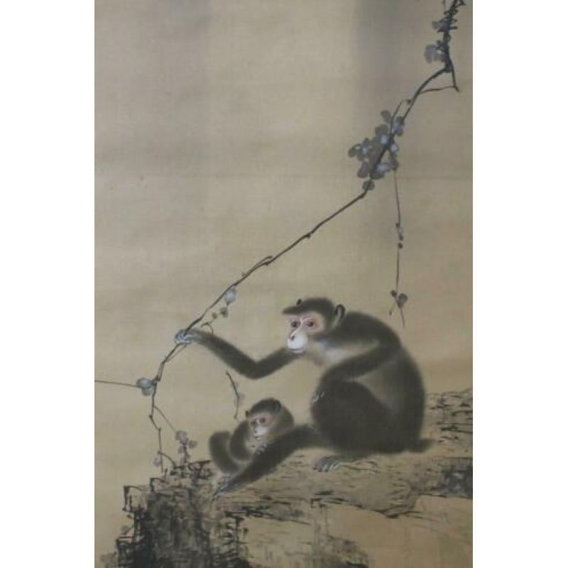 Handgeschilderd "2 Monkeys/Apen & Waterval" by ?? Seiho.