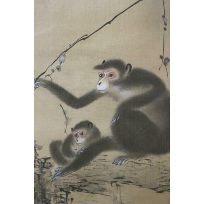 Handgeschilderd "2 Monkeys/Apen & Waterval" by ?? Seiho.