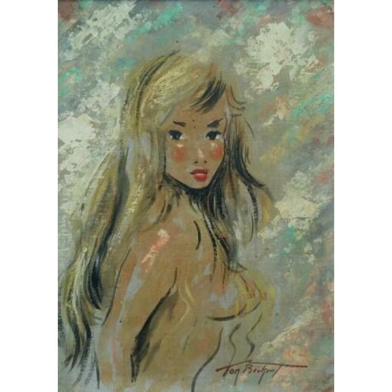 Ton Beukert 1917-1969. Naakt. Portret vrouw. Olieverf doek.
