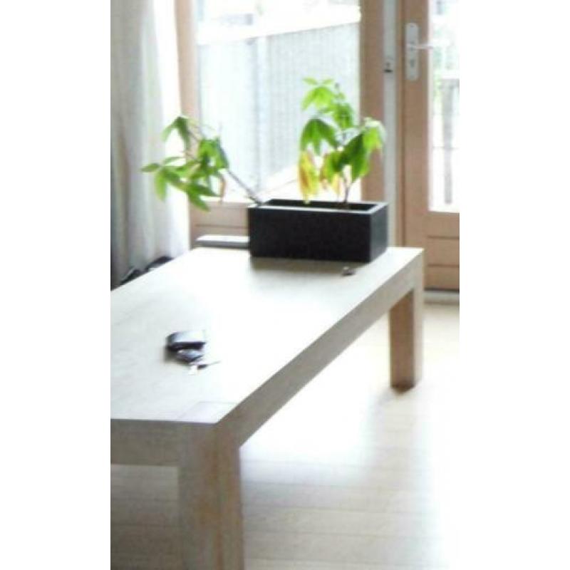 Massief eiken white wash salontafel, eettafel en 4 stoelen
