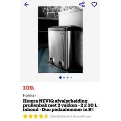 Homra Neviq 2x 30 liter pedaalemmer RVS