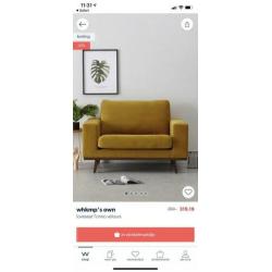 Fauteuil / loveseat velvet geel (Wehkamp Torino)