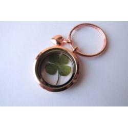 Medaillon sleutelhanger met echt klavertje vier uniek locket