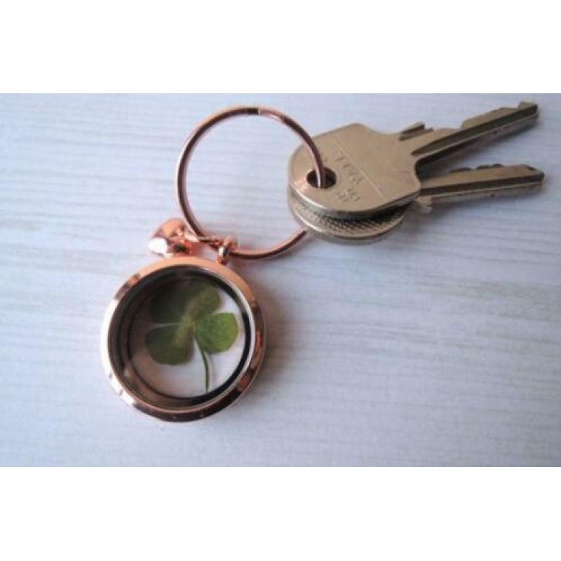 Medaillon sleutelhanger met echt klavertje vier uniek locket