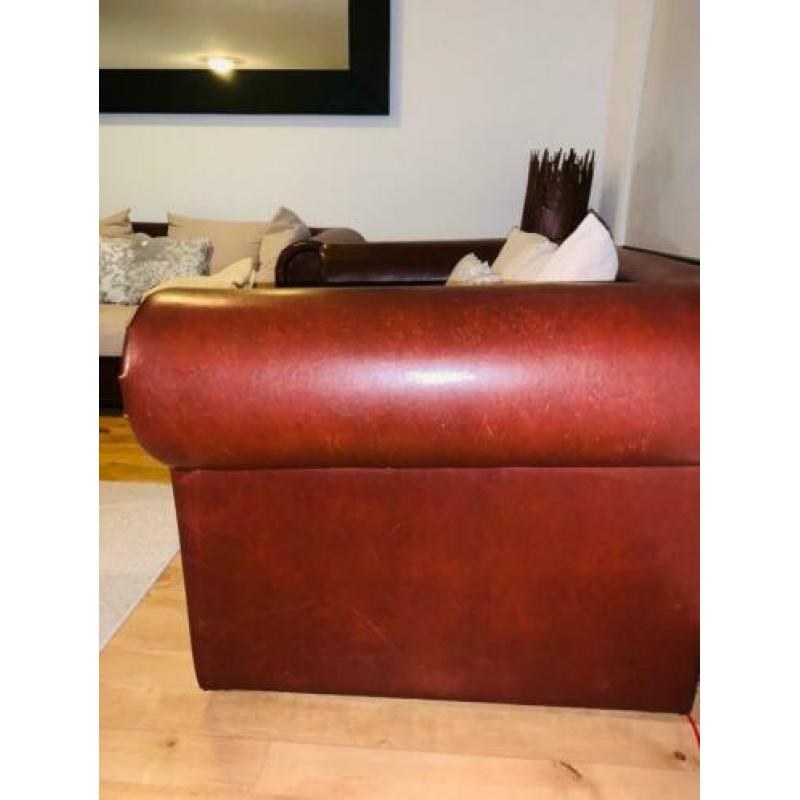 Chesterfield banken 2 Maal, combinatie burgundy leer en stof