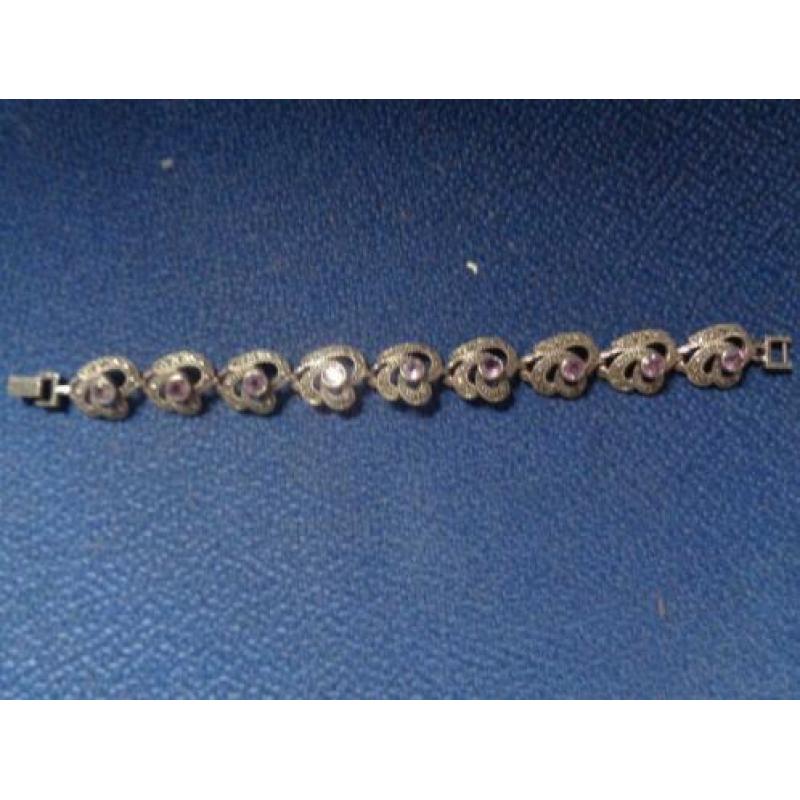 Art Nouveau Zilveren armband met 9 paarse kristallen,gemerkt
