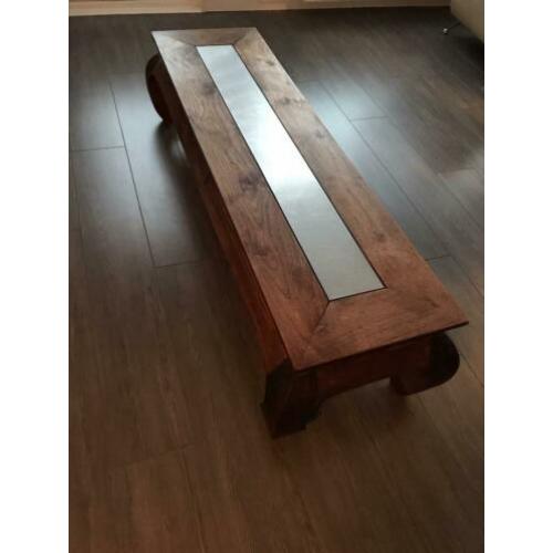 Opium eikenhouten salon tafel met rvs plaat.