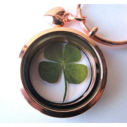 Medaillon sleutelhanger met echt klavertje vier uniek locket