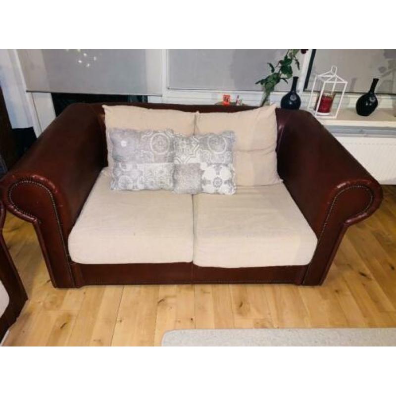 Chesterfield banken 2 Maal, combinatie burgundy leer en stof