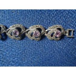 Art Nouveau Zilveren armband met 9 paarse kristallen,gemerkt