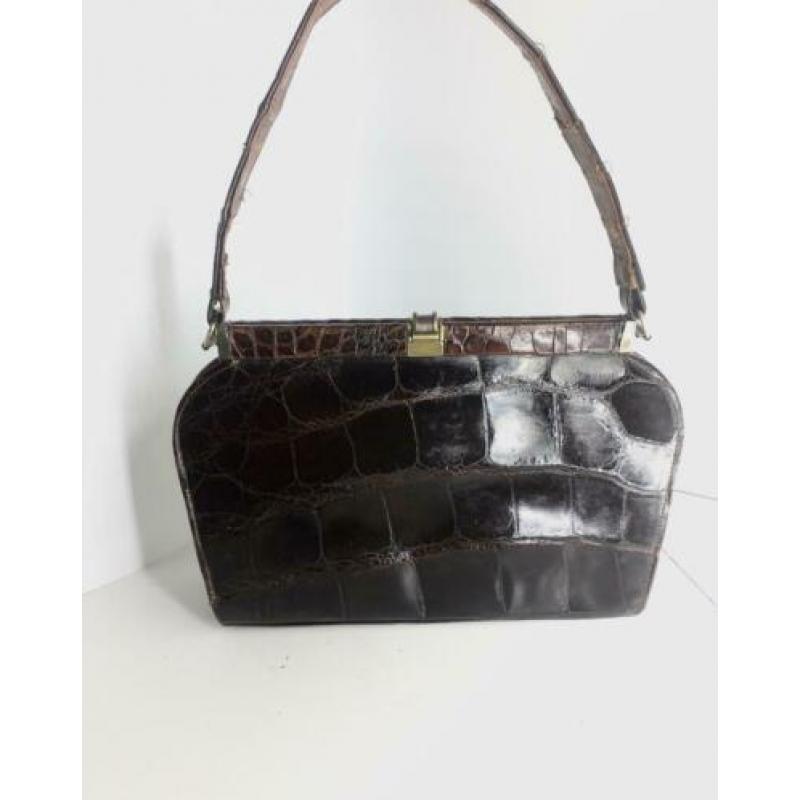 Vintage krokodillenleren tas uit 1960 handgemaakt.