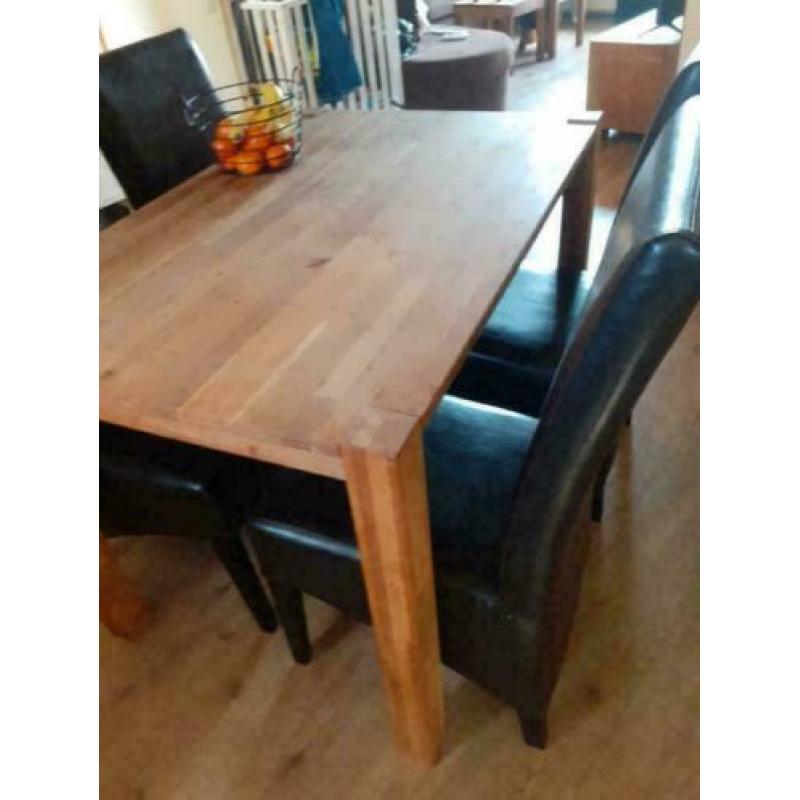 Mooie Houten Tafel+4 Zwarte Leren Stoelen! Zeer Goede Staat!