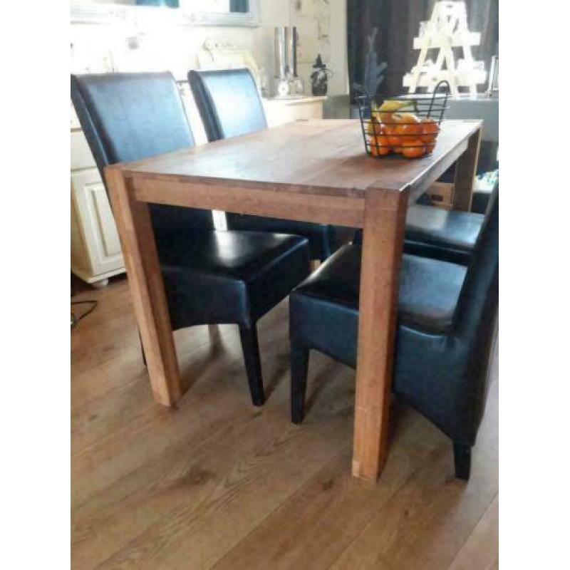 Mooie Houten Tafel+4 Zwarte Leren Stoelen! Zeer Goede Staat!