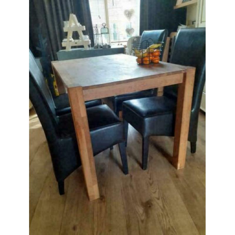 Mooie Houten Tafel+4 Zwarte Leren Stoelen! Zeer Goede Staat!
