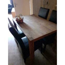 Mooie Houten Tafel+4 Zwarte Leren Stoelen! Zeer Goede Staat!