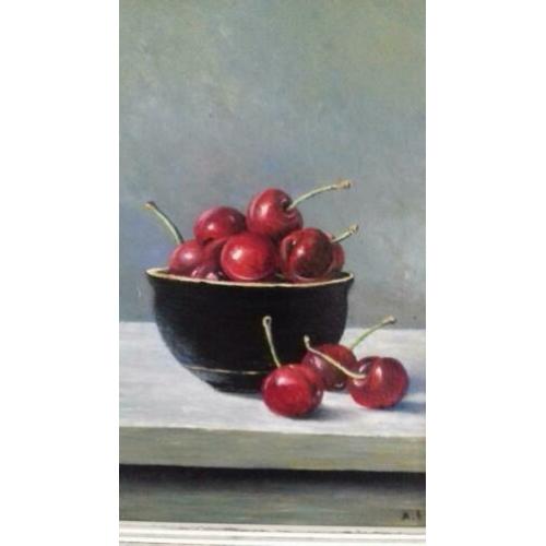 schilderij - olieverf kersen in schaal