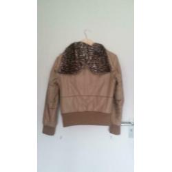 Een beige korte winter-jas/jack met een tijger capuchon.