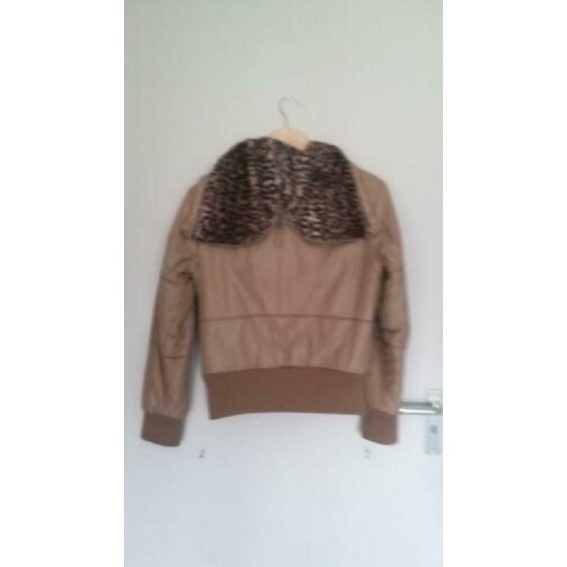 Een beige korte winter-jas/jack met een tijger capuchon.
