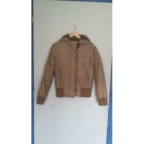 Een beige korte winter-jas/jack met een tijger capuchon.