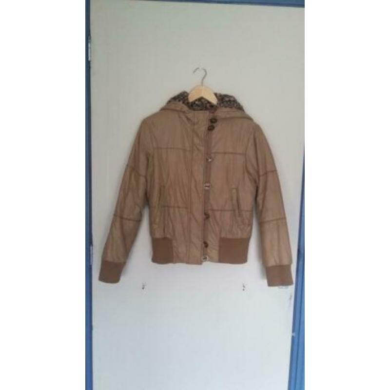 Een beige korte winter-jas/jack met een tijger capuchon.