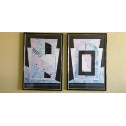 Twee grote moderne litho"s met mooie lijst