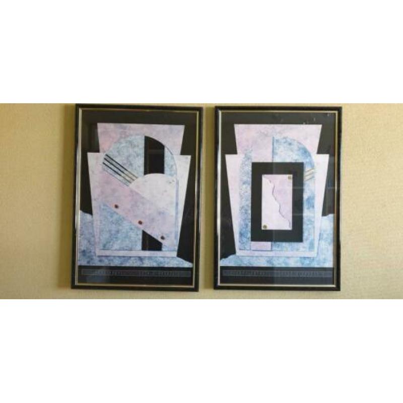 Twee grote moderne litho"s met mooie lijst
