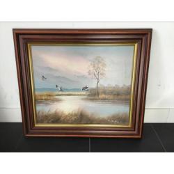 schilderij van neerstrijkende eenden 60x40cm